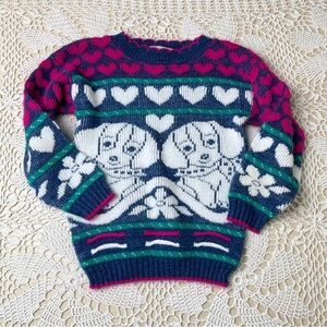 Vintage 1980s Metrix Girls 4 4t Dogs Hearts Knitted Pullover Kawaii Sweater